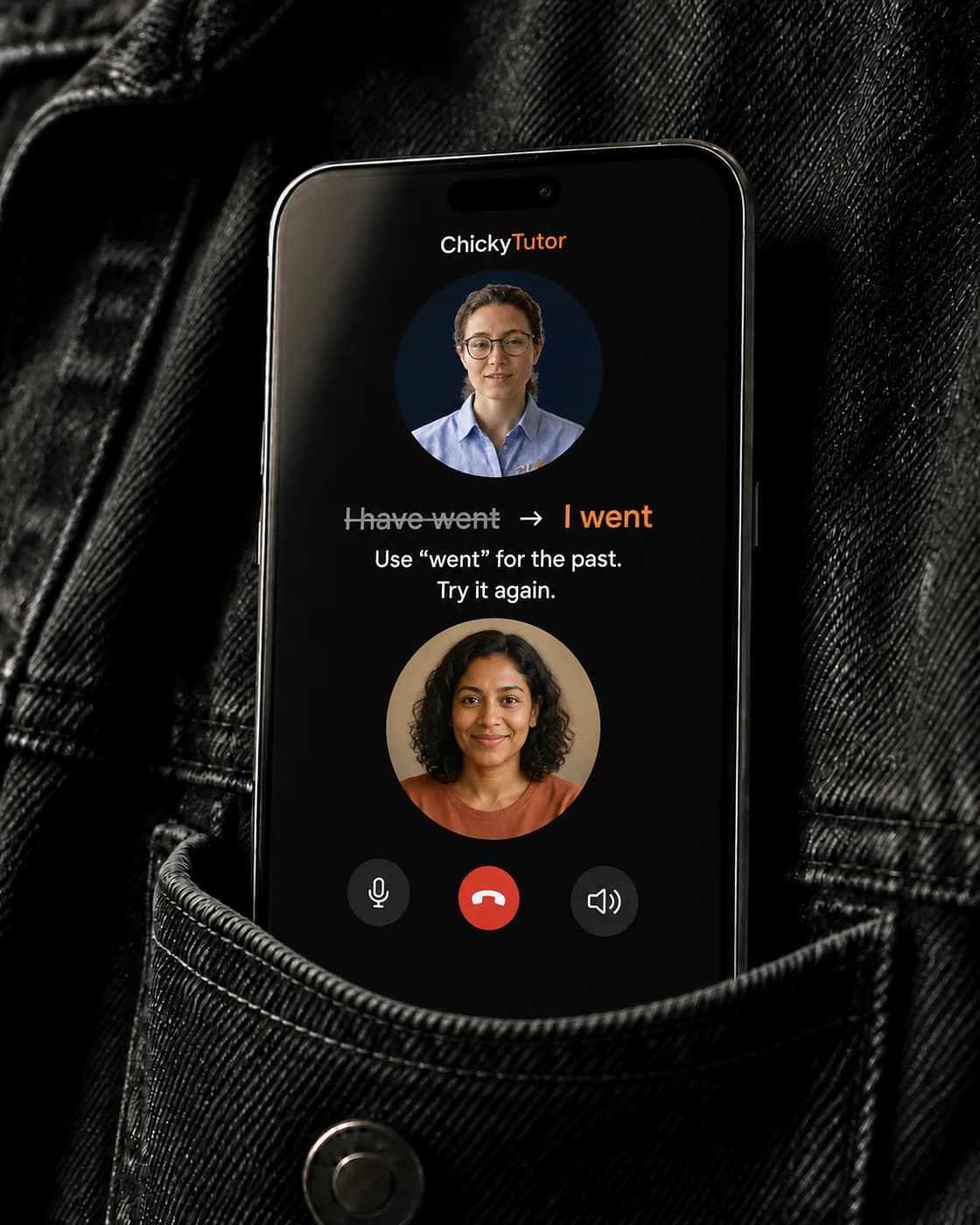 ChickyTutor on a phone in a denim pocket: the tutor and a student practise English, with feedback correcting ‘I have went’ to ‘I went’.